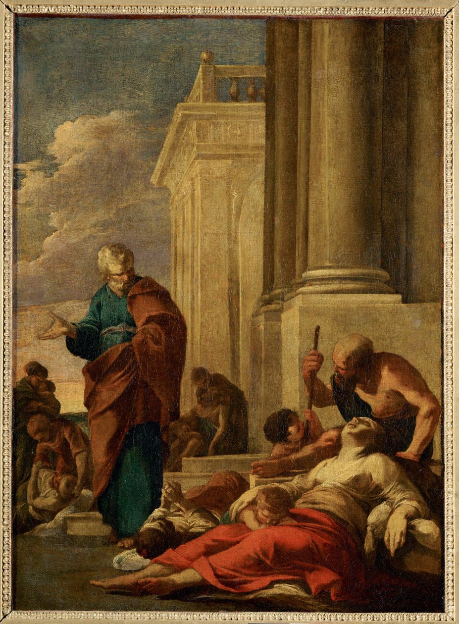 Saint Pierre guerissant les malades avec son ombre - Sankt Peter helar de sjuka med sin skugga ... av Laurent de (workshop of) La Hyre