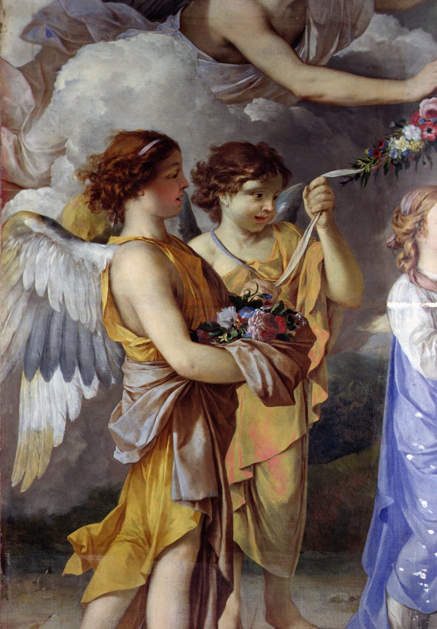 The Education of the Virgin, detalj (olja på duk) av Laurent de (workshop of) La Hyre