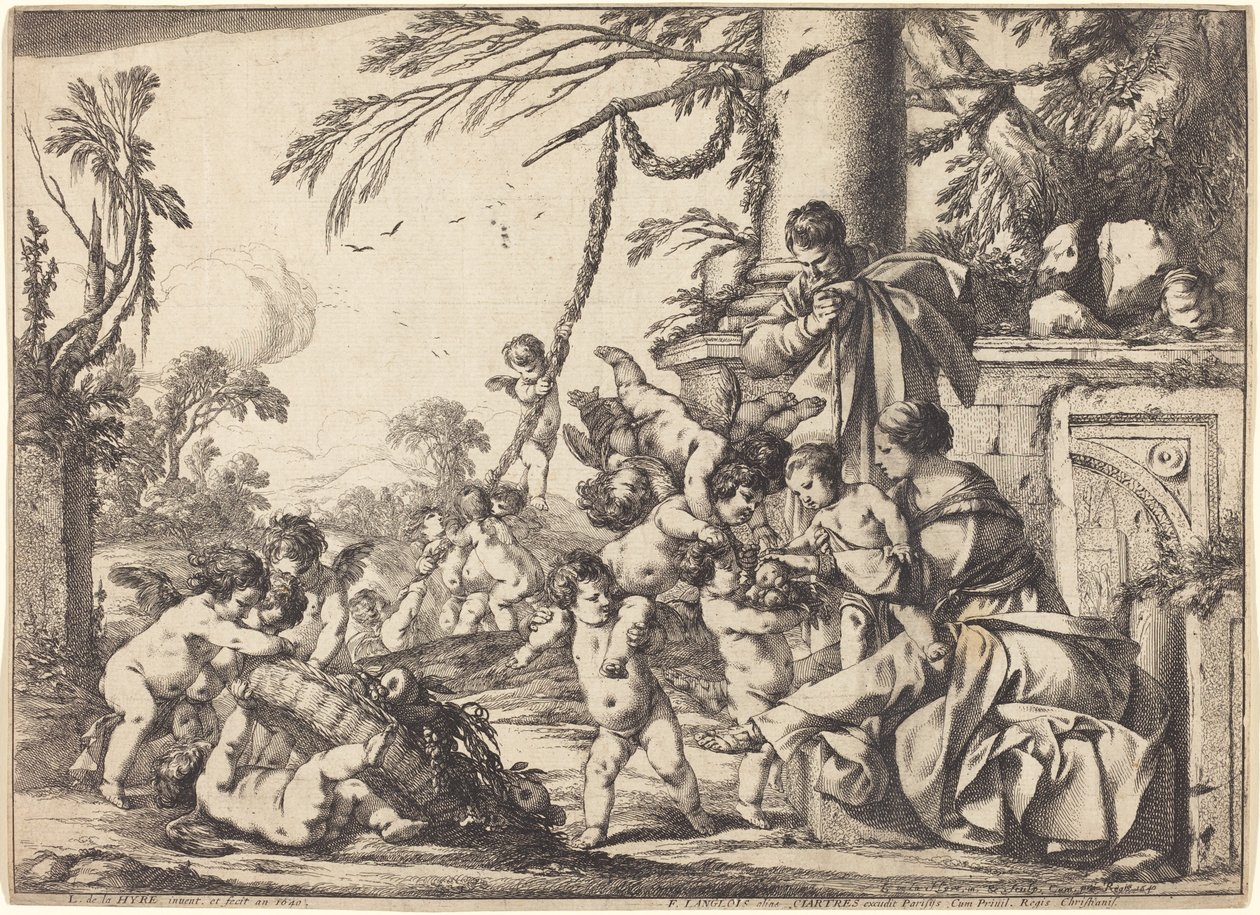 Heliga familjen med Putti av Laurent de la Hyre