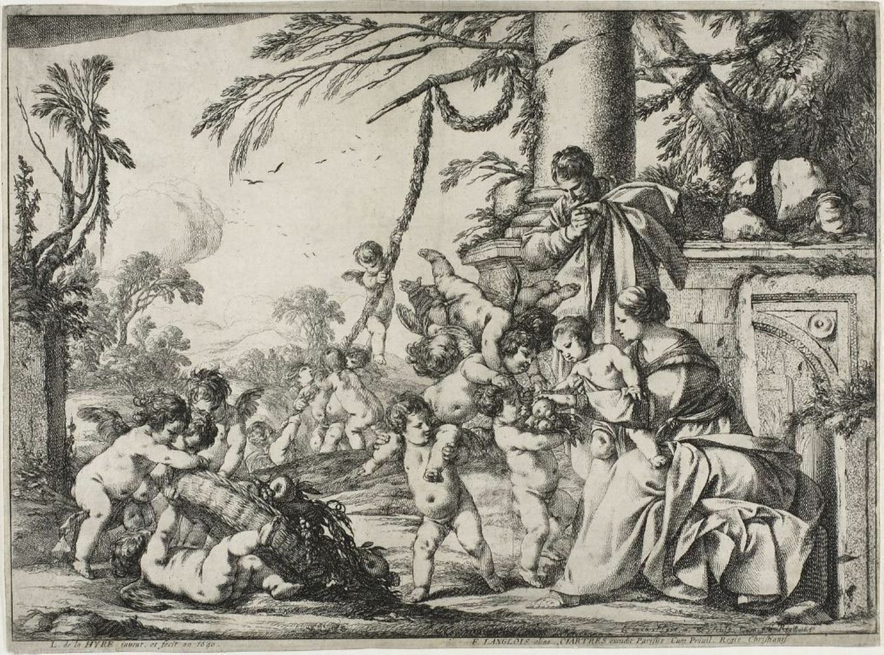 Den heliga familjen med Putti av Laurent de la Hyre