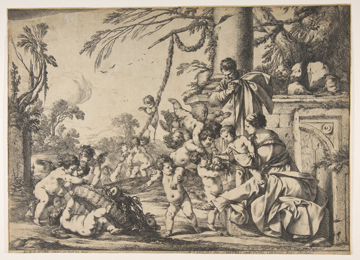 Jungfrun och Kristusbarnet tjänat av änglar, 1640. av Laurent de la Hyre
