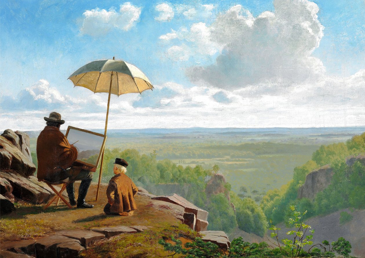 Tidig morgon i Skäralid i Skåne, Sverige. Konstnären arbetar under ett parasoll av Laurids Vilhelm Pacht