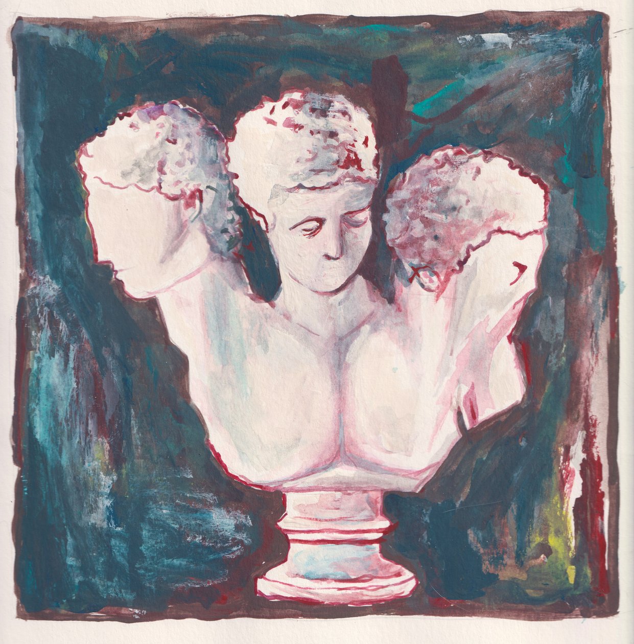 Three Heads, ca 2019 (akryl på vattenfärgspapper) av Laurie Michaels