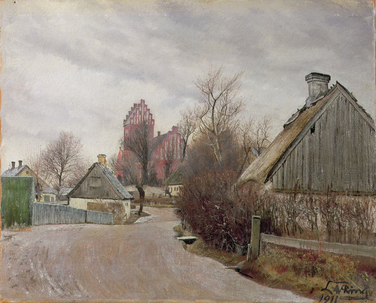 Gade i Hoje Taastrup (landsväg med stugor och hög kyrka) 1911 av Laurits Andersen Ring