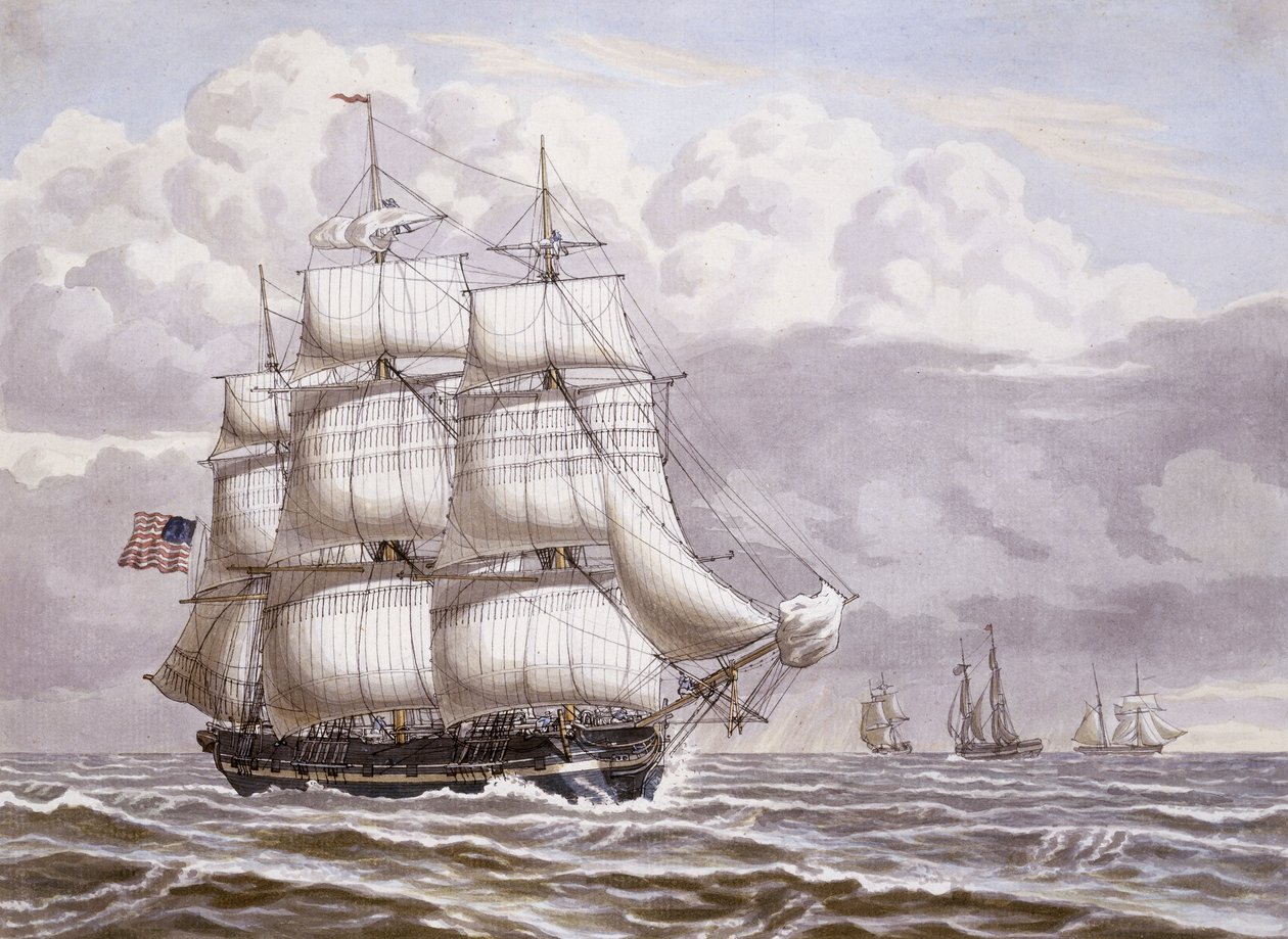 En amerikansk fregatt under segel, med annan sjöfart, 1832 av Lauritz Rasmus Lyngbye