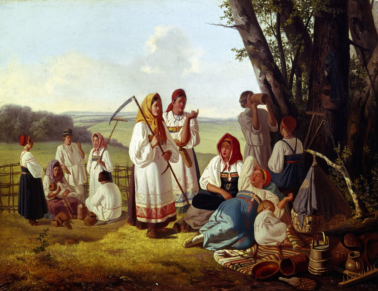Vila vid skördetiden. En grupp bönder i traditionell kostym äter och släcker törsten med sina barn, i skuggan av träden. Målning av Lavr Kuzmich Plakhov (1810-1881), olja på duk, cirka 1840. Rysk konst av Lavr Kuzmich Plakhov