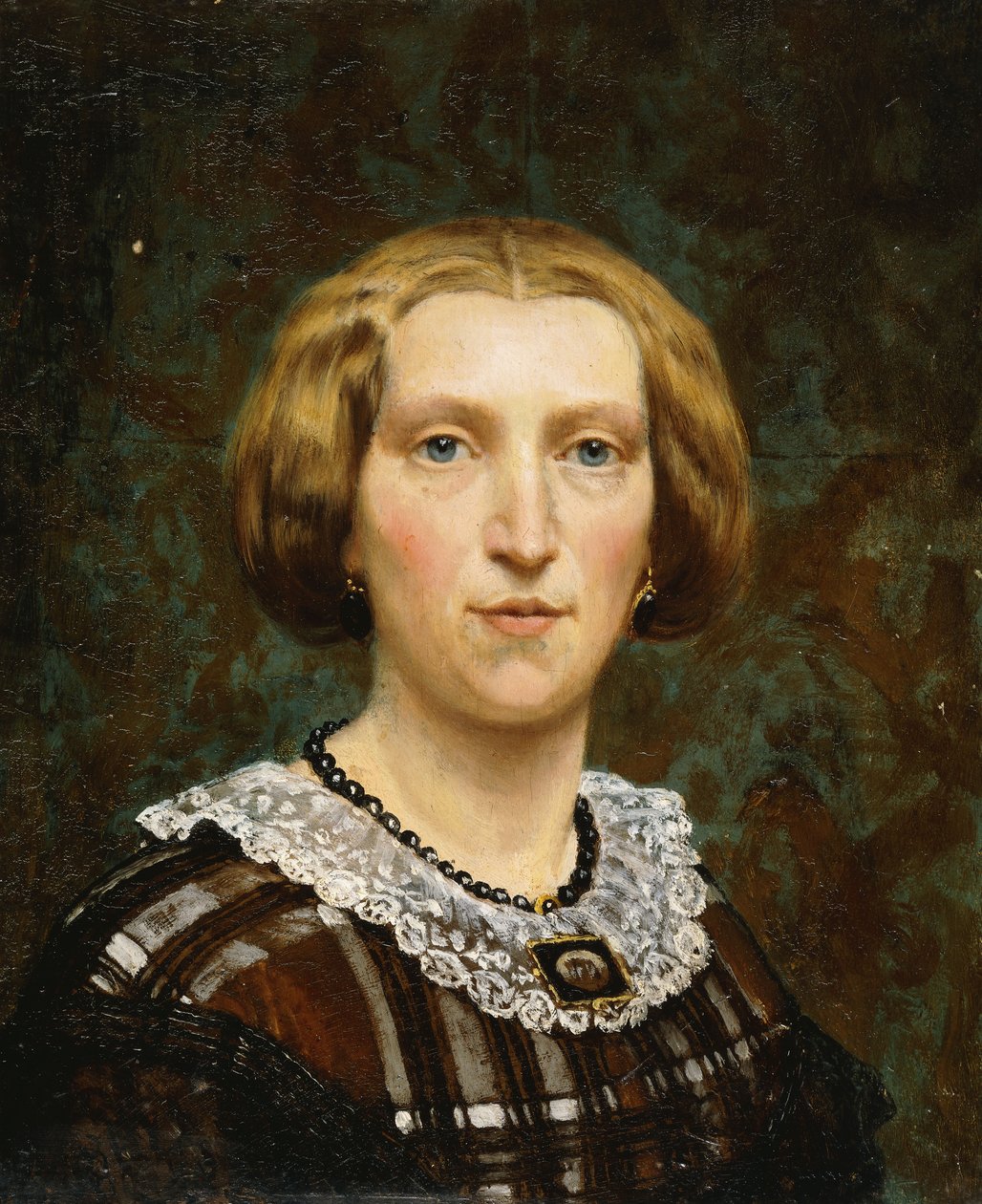 Porträtt av Sientje Tadema, liten byst, i brun och vit klänning och svart sjal, 1860 av Lawrence Alma Tadema
