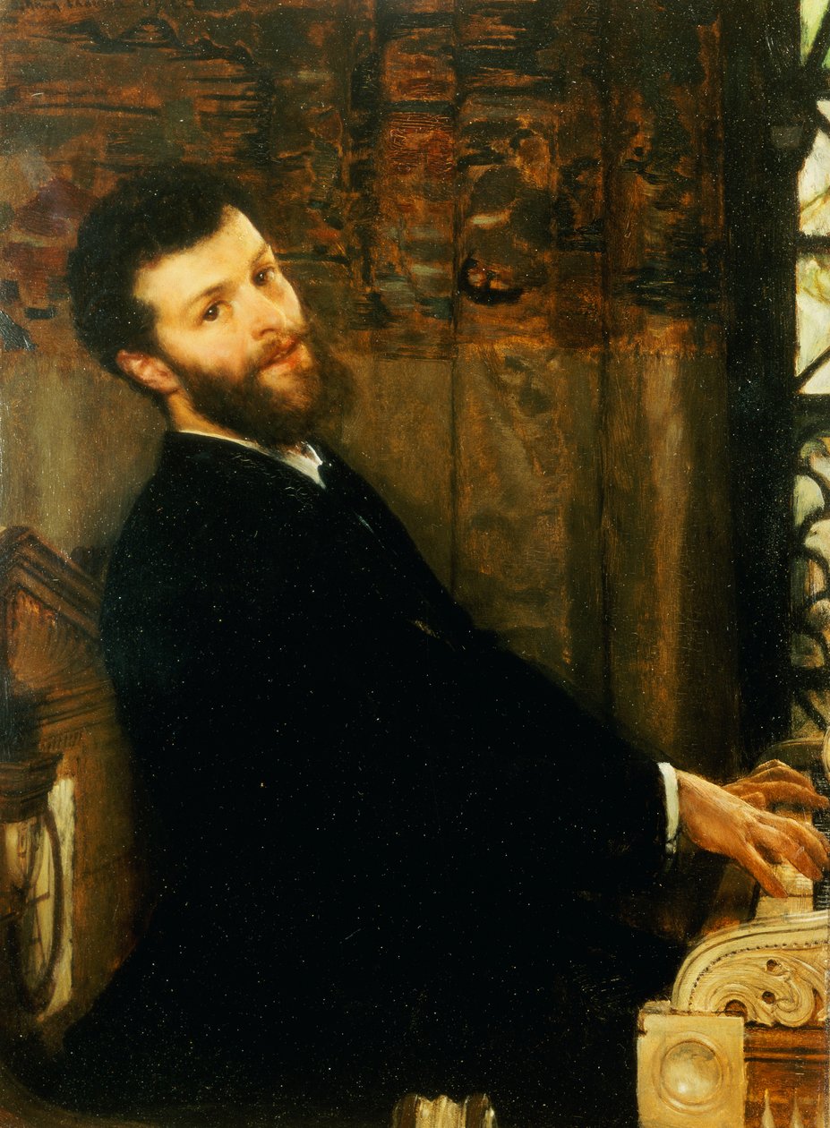 Porträtt av sångaren George Henschel som spelar Alma-Tademas piano, Townshend House, 1879 av Lawrence Alma Tadema