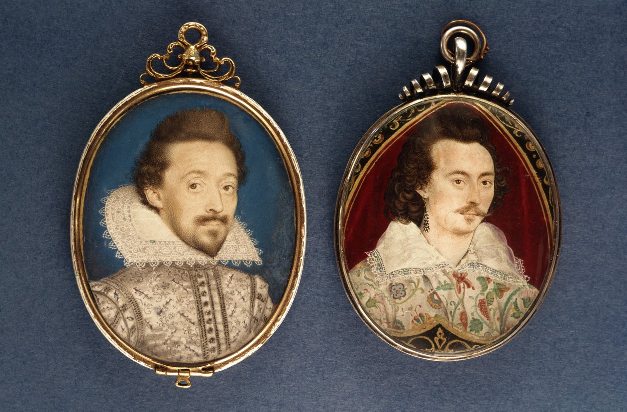 Till vänster: Porträtt av en ung man av Lawrence Hilliard, ca 1620. Till höger: Porträtt av en ung man av Nicholas Hilliard (1547-1619), ca 1585 av Lawrence Hilliard