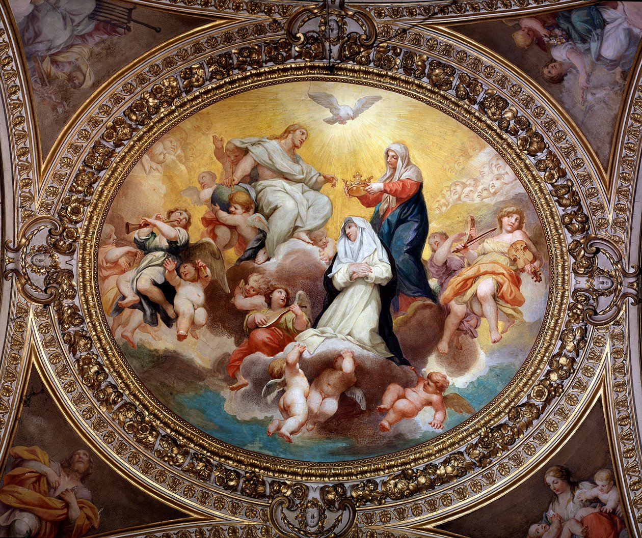 Den heliga jungfrun kröner St Rose of Lima med Jesus och den helige Ande (målning av Lazzaro Baldi