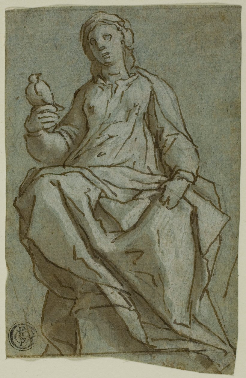 Sittande kvinnlig figur (Saint Scholastica?) Håller en duva av Lazzaro Tavarone