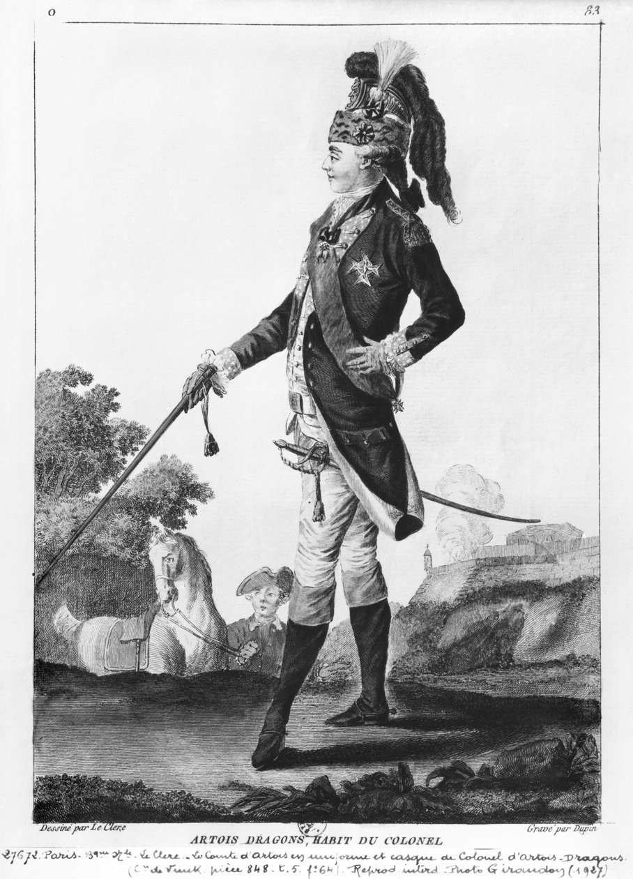 Karl av Frankrike (1757-1836), greve av Artois, bär casq och översteuniform från Artois-Dragons regemente, graverad av Dupin. av Le Clere