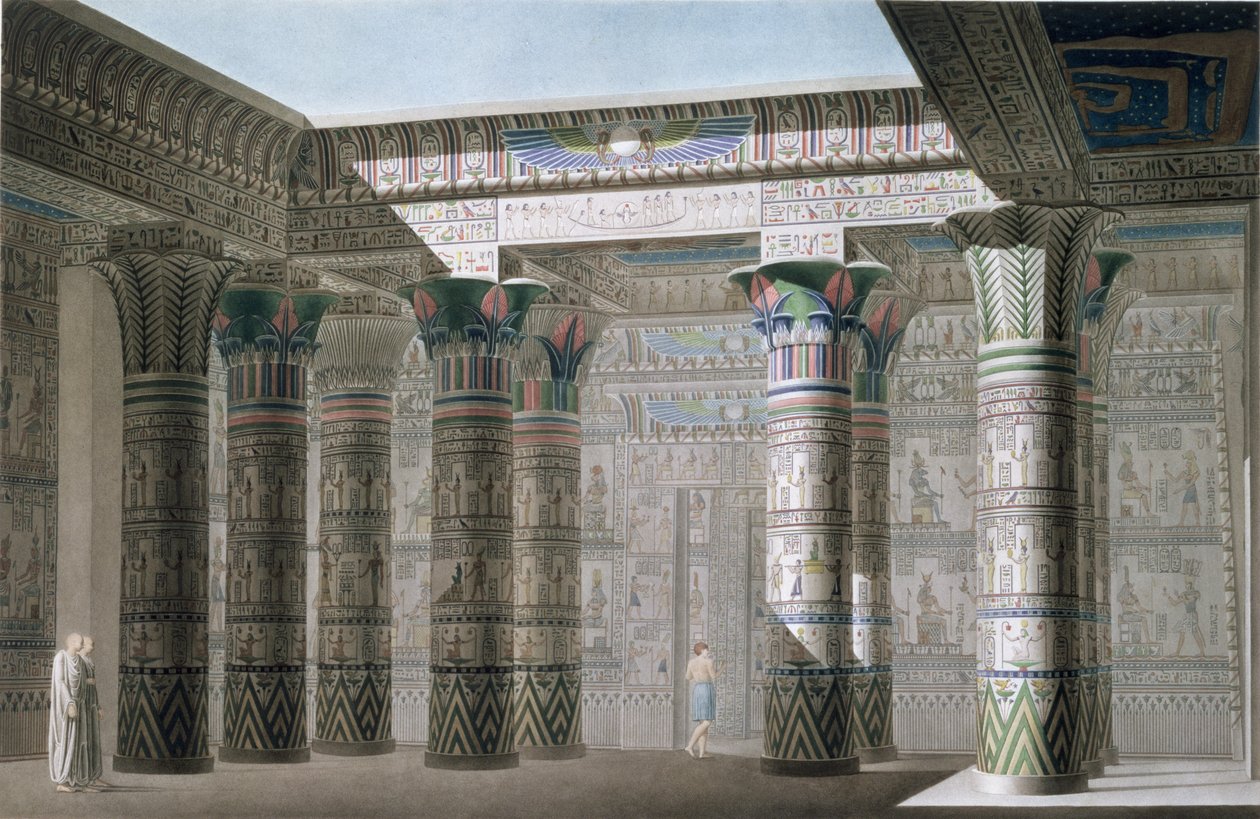 Interiörperspektivvy från portiken till det stora templet på ön Philae, skylt 18, från volym I av `Descriptions of Egypt`, graverad av Antoine Phelippeaux (f.1767) 1822 (akvatint) av Le Pere