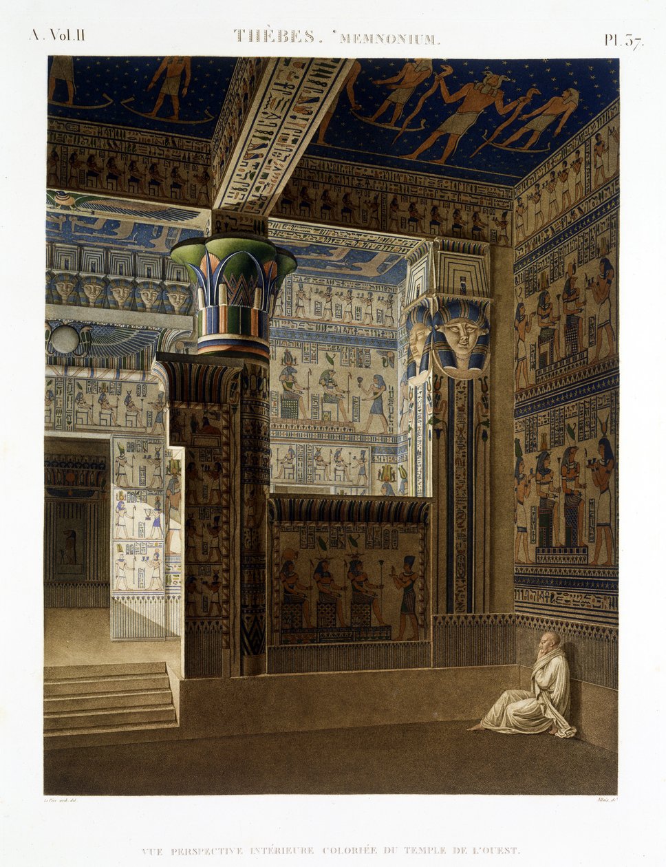Interiörvy av det västra templet för Memnonium, Thebe, plåt 37 från volym II av "Beskrivningar av Egypten", graverad av Allais, 1822 (akvatint) av Le Pere