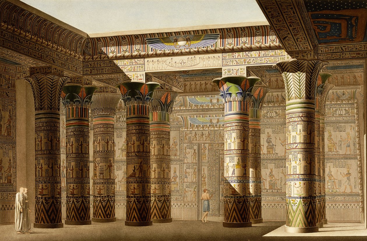 Portik av det stora templet i Philae, Nubia, ca 1809-1812 (färggravyr) av Le Pere (after)