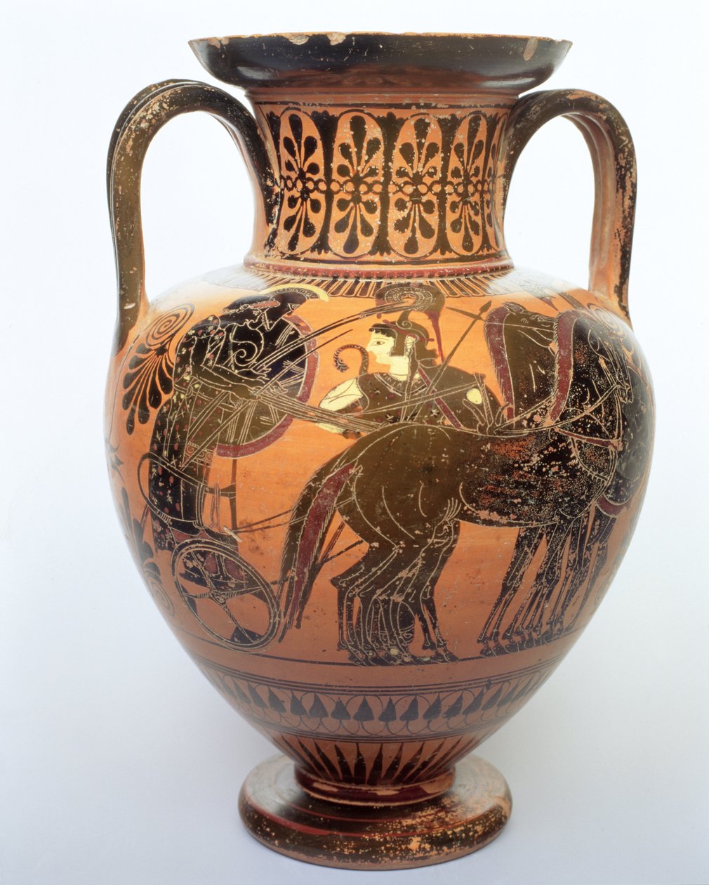 Svartfigur amfora föreställande en quadriga, 515-490 f.Kr. (keramik) av Leagros Group