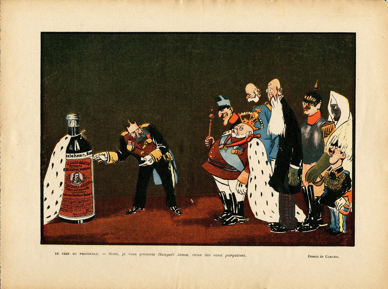 Illustration av Leal de Camara (1877-1948) i Le Rire, 25/12/09 - Belgien, Europa, Portugal, Österrike, Alkoholalkoholism, Protokoll - William II, Leopold II, Edward VII, Alfonso XIII, Francois-Joseph 1er d 