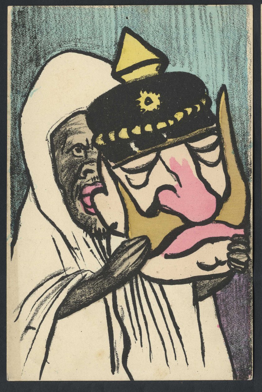Vykort, Satirical in Colors, cirka 1905: Tyskland Preussen, Marocko - William II - Illustration av Leal de Camara (1877-1948) av Leal de Camara