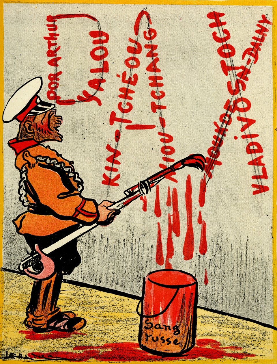 Rysk tsar som målar ordet Pax eller fred, som består av namnen på förlorade strider med hjälp av Russian Blood. 1904 (litho) av Leal de Camara