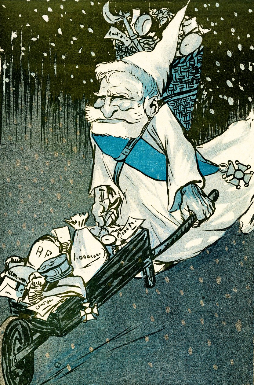 Julen för stora barn - Frankrikes president Emile Loubet klädd ut till jultomten med en skottkärra med presenter till de vuxna. 1905. (litho) av Leal de Camara
