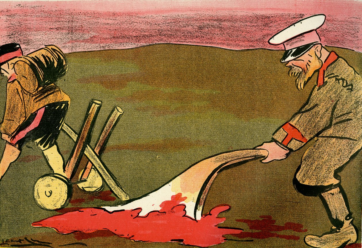 The Plough of Civilization - Ryska soldater plöjer de blodiga slagfälten. 1904 (litho) av Leal de Camara