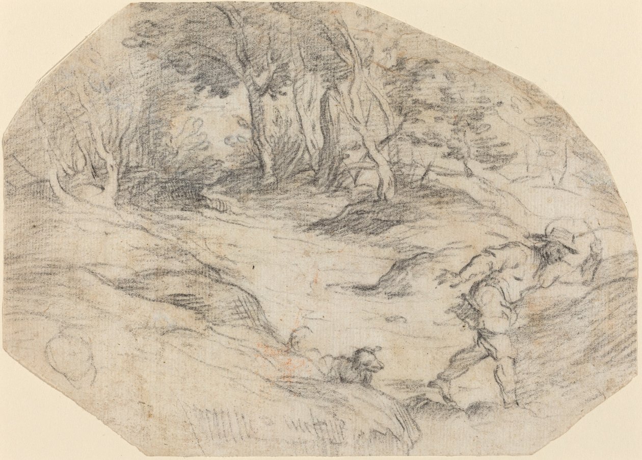 Landskap med en man och en hund av Leandro Bassano after Titian