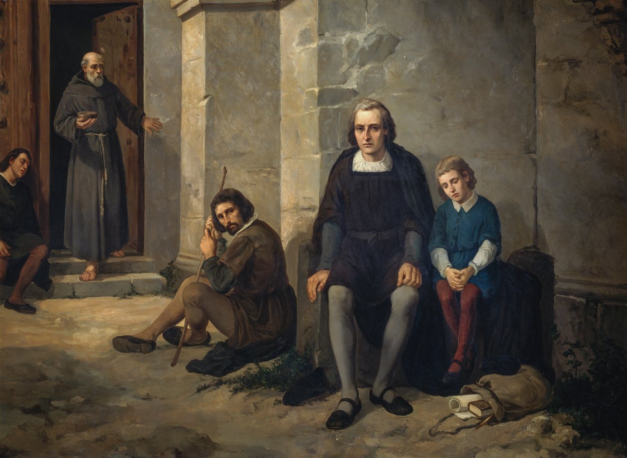 Christopher Columbus med sin son i klostret Santa Maria de La Rabida, Spanien av Leandro Izaguirre