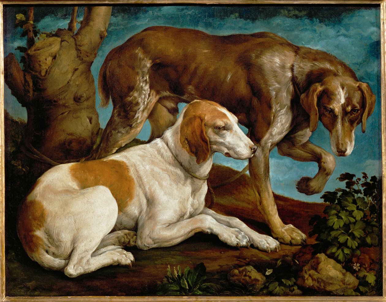 Deux chiens de chasse lies a une souche - Två jakthundar bundna till en trädstubbe ... av Leandro da Ponte Bassano