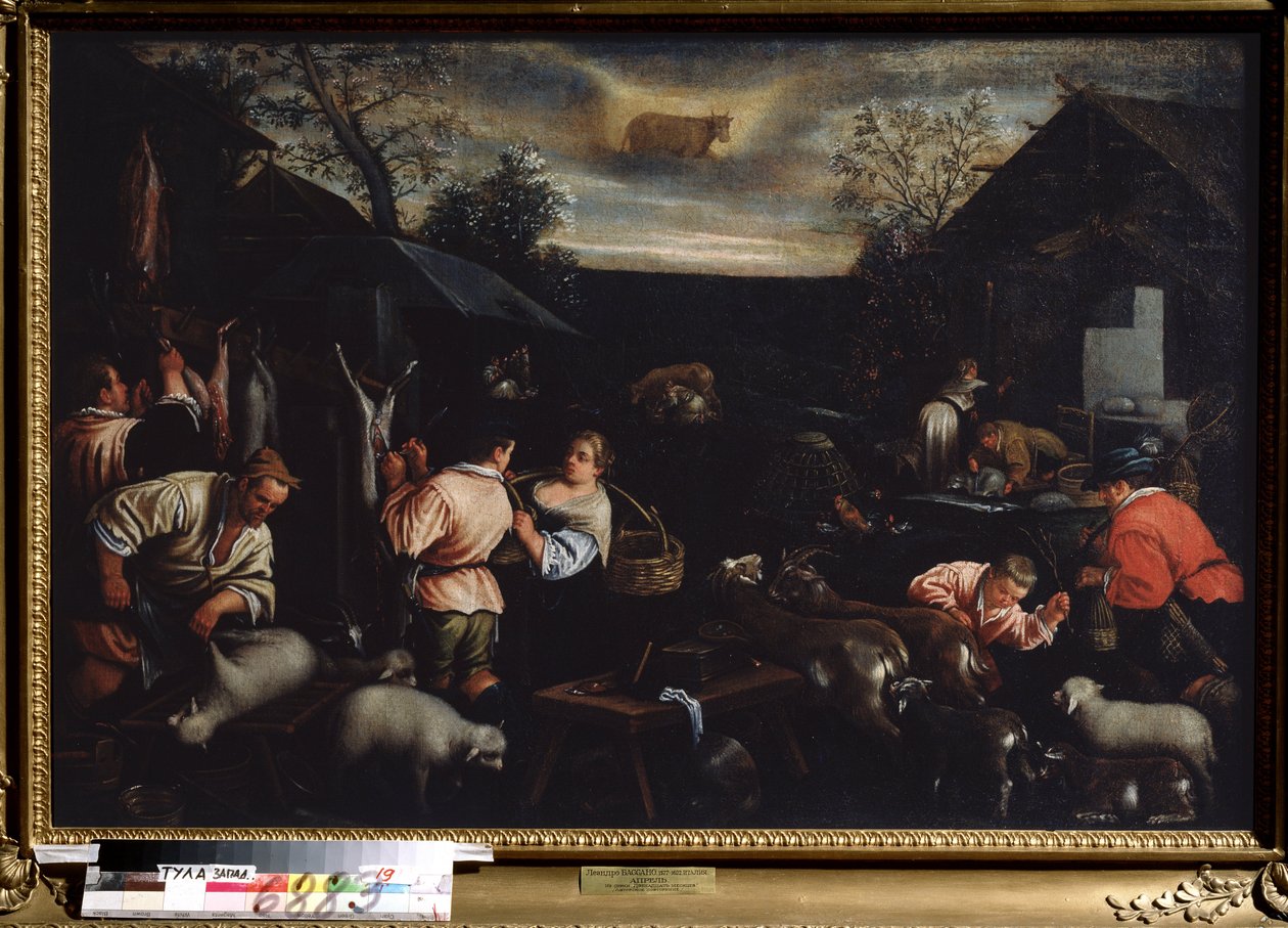 ""Aprilmånaden"" (april) Fårklippning. Oxen tecken symbol i himlen. Målning av Leandro Bassano da Ponte (1557-1622) 1595-1600 Mått 144x190 cm Statens konstmuseum Tula Ryssland av Leandro da Ponte Bassano