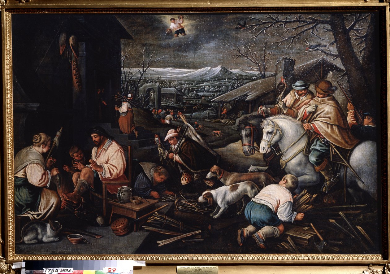 ""Januari månad"" (januari) Jägare, kvinnor som spinner ull. Vattumannen symbol på himlen. Målning av Leandro Bassano da Ponte (1557-1622) Mått 146 x 192 cm Statens konstmuseum Tula Ryssland av Leandro da Ponte Bassano
