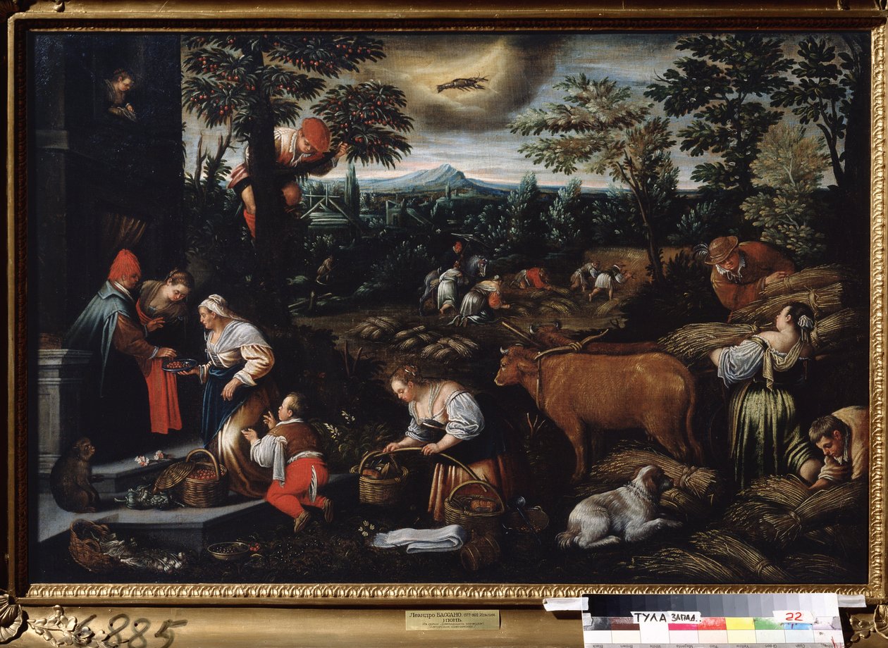 ""Juni månad"" (juni) Arbete på gården, plocka körsbär och samla in vete. Cancer tecken symbol i himlen. Målning av Leandro Bassano da Ponte (1557-1622) 1595-1600 Statens konstmuseum Tula Ryssland av Leandro da Ponte Bassano