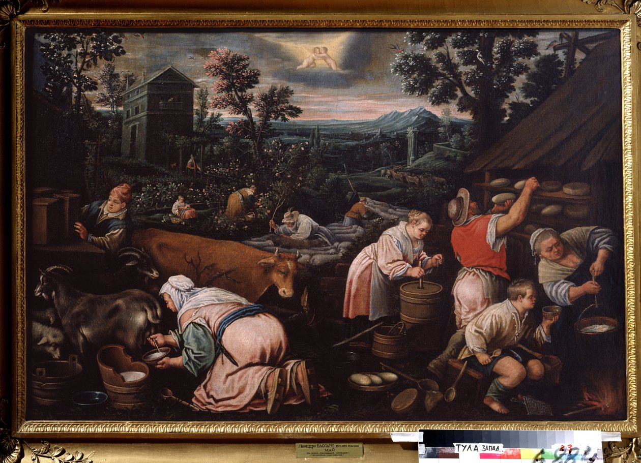 ""Maj månad"" (maj) Mjölka getter, göra ost. Gemini tecken symbol i himlen. Målning av Leandro Bassano da Ponte (1557-1622) 1595-1600 Statens konstmuseum Tula Ryssland av Leandro da Ponte Bassano