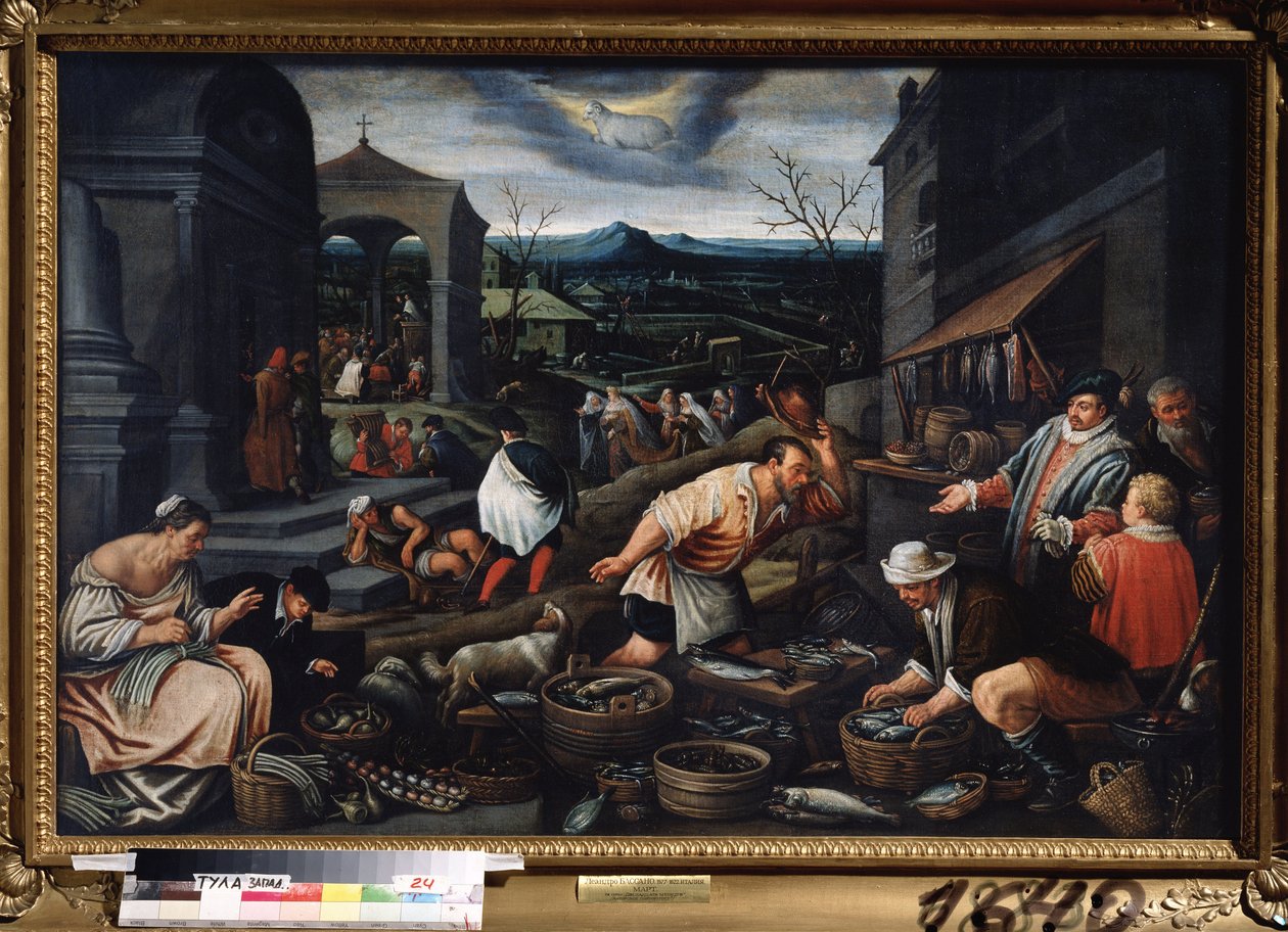 ""Mars månad"" (mars) Fiskmarknadsscen. Väduren tecken symbol i himlen. målning av Leandro Bassano da Ponte (1557-1622) Mått 80x121 cm Statens konstmuseum Tula Ryssland av Leandro da Ponte Bassano