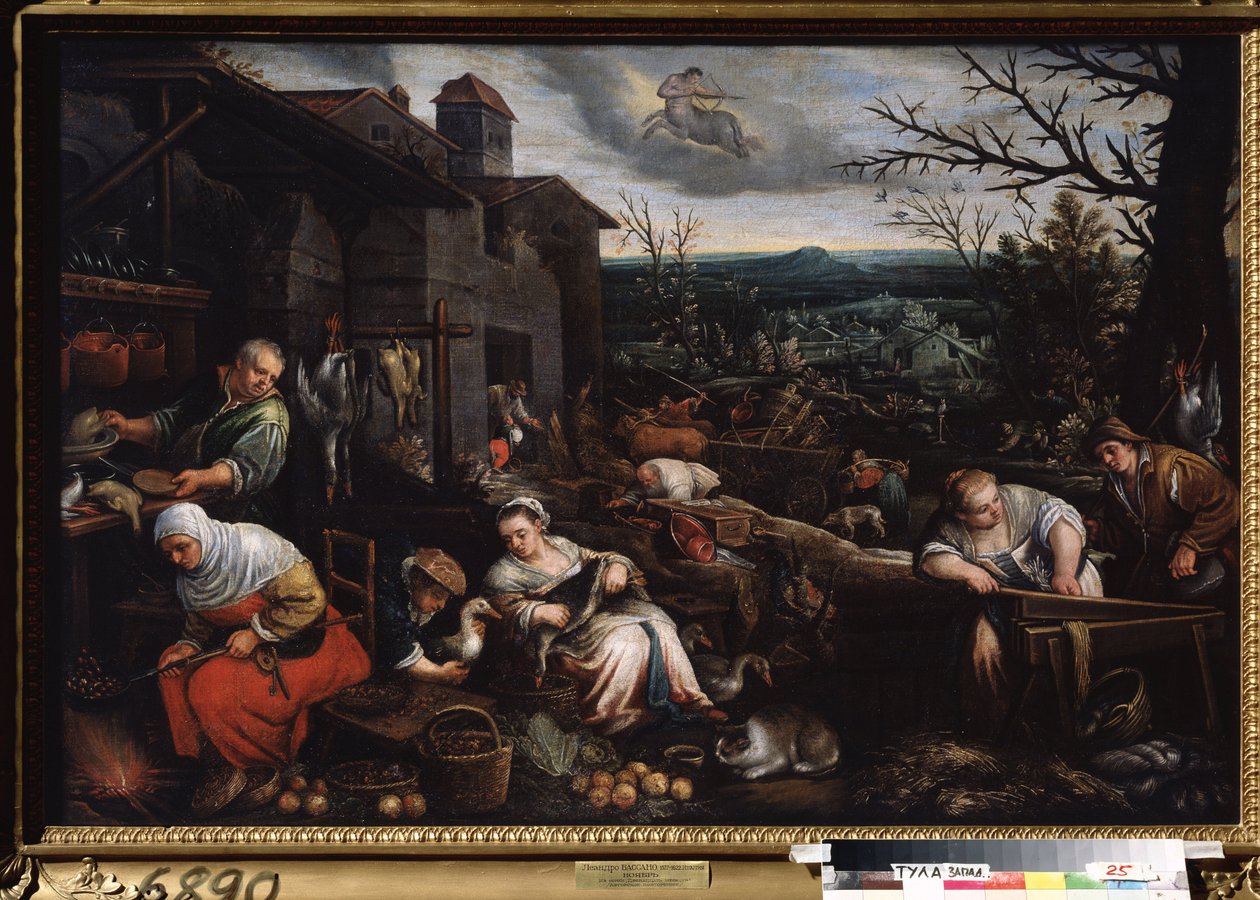 ""November månad"" (november) En kvinna rostar kastanjer, en annan tar hand om att tillaga gässen. Symbol för skyttens tecken på himlen. Målning av Leandro Bassano da Ponte (1557-1622) 1595-1600 Statens konstmuseum Tula Ryssland av Leandro da Ponte Bassano
