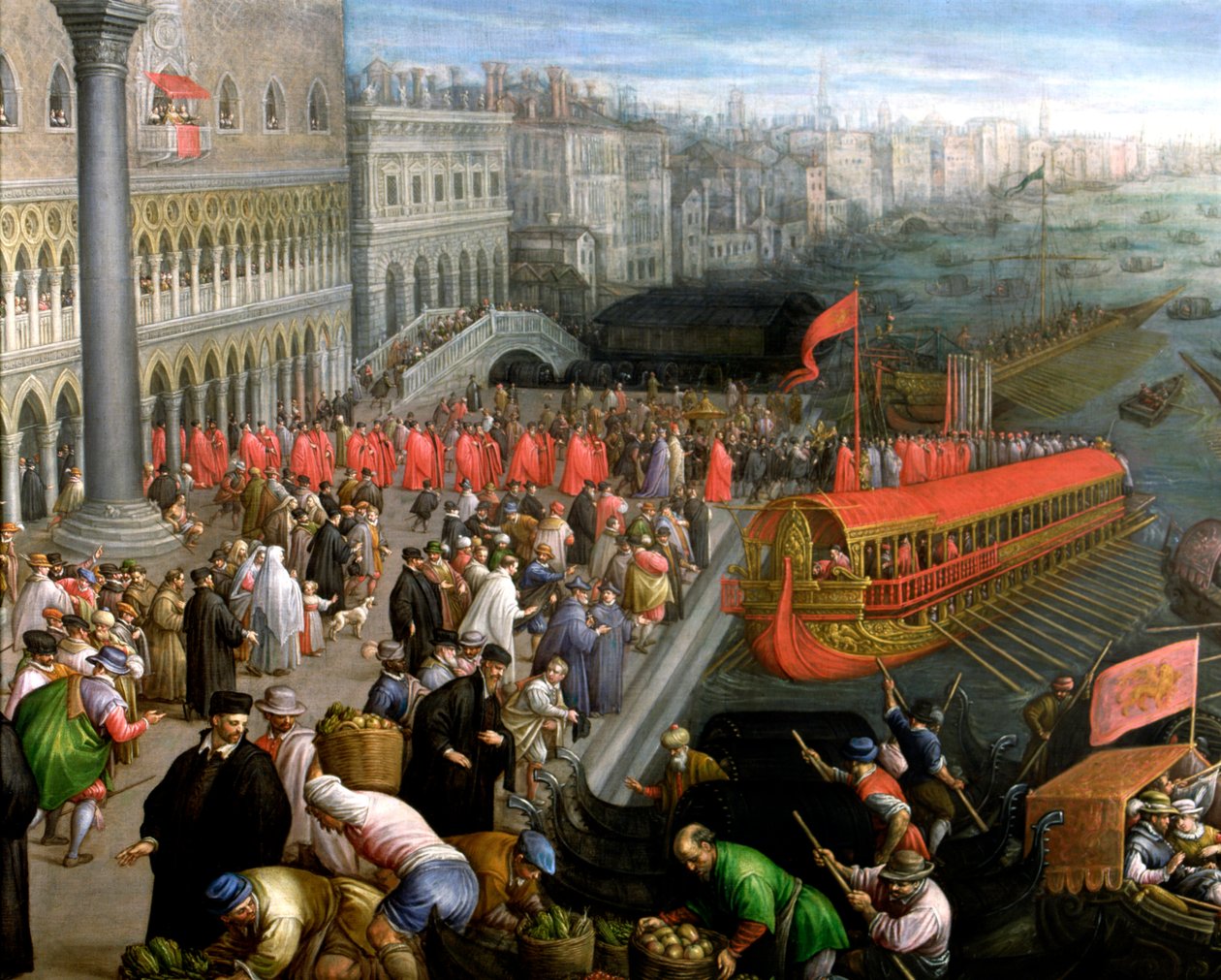 "Riva Degli Schiavoni i Venedig", detalj, kommersiell aktivitet och kläder i Venedig av Leandro da Ponte Bassano