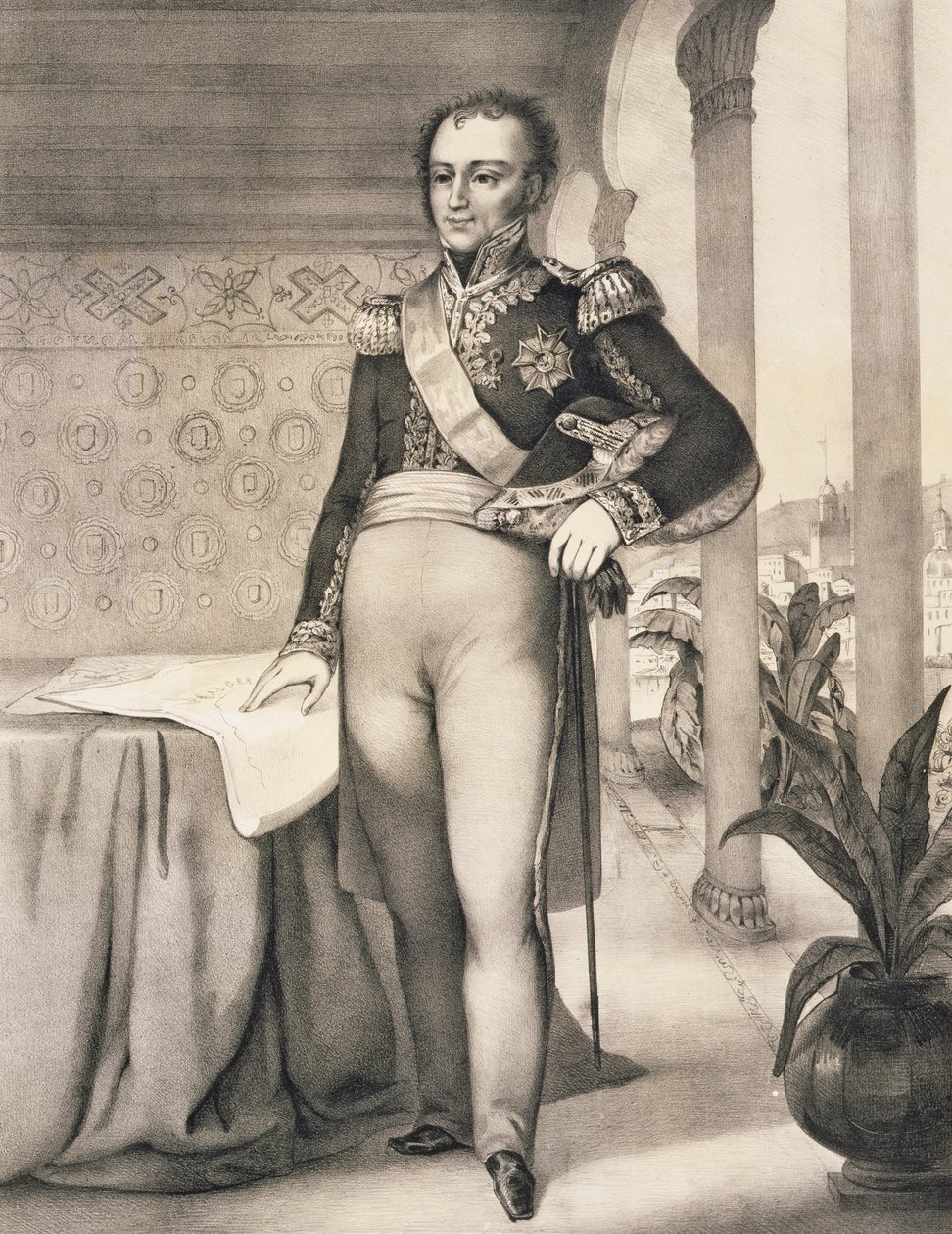 Porträtt av Comte de Bourmont (1773-1846), överbefälhavare för Afrikaexpeditionen, från en volym till minne av den franska expeditionsstyrkan som erövrade Alger 1830 av Leberthais
