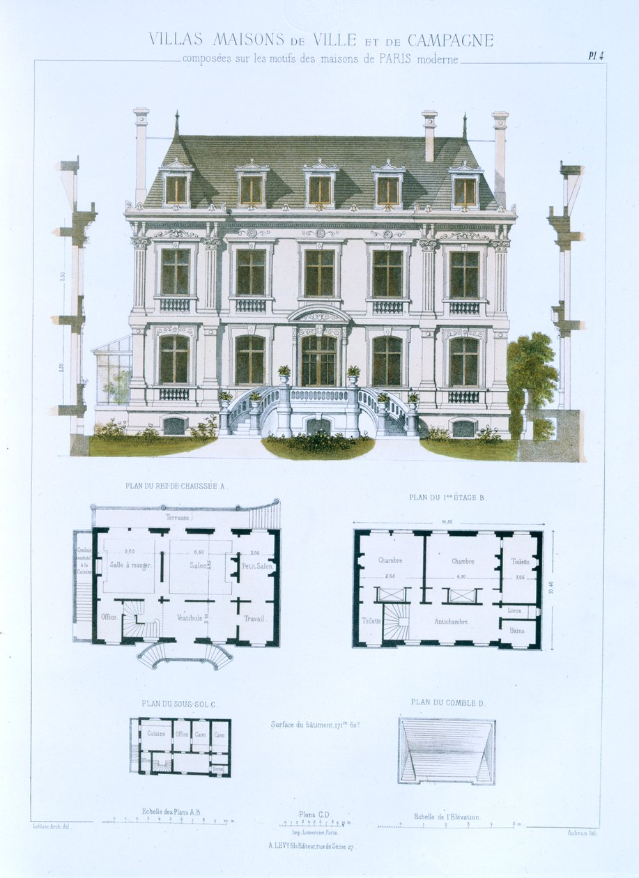 Ritning från "Town and Country Houses Based on the Modern Houses of Paris", ca 1864. av Leblanc