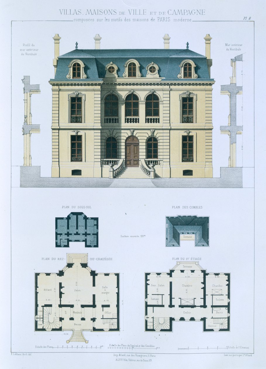 Design från "stads- och lanthus baserade på de moderna husen i Paris", c.1864 av Leblanc