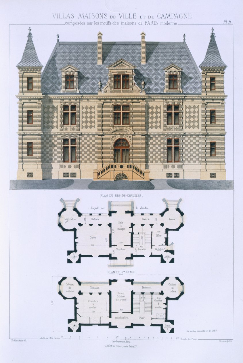 Design från "stads- och lanthus baserade på de moderna husen i Paris", c.1864 av Leblanc