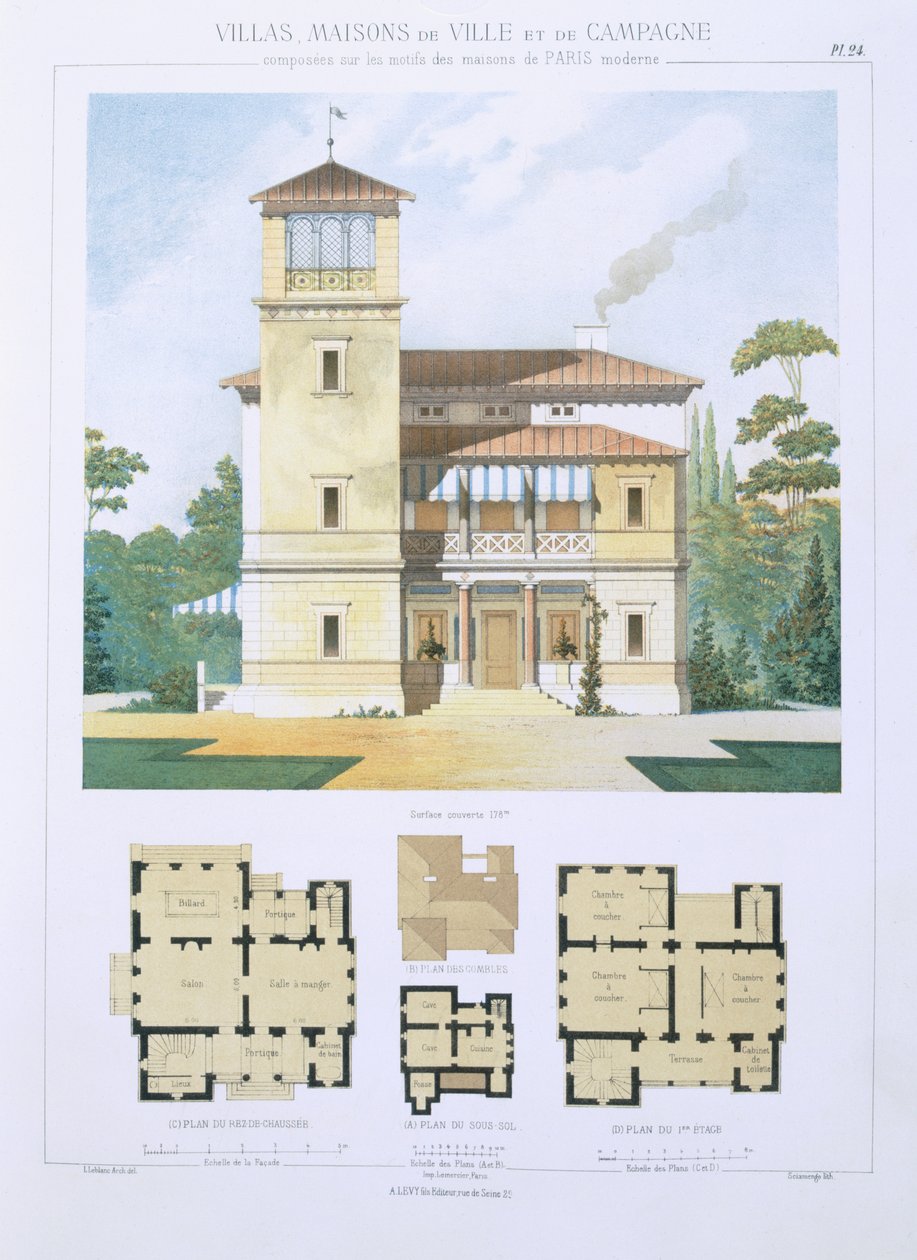 Design från "stads- och lanthus baserade på de moderna husen i Paris", c.1864 av Leblanc