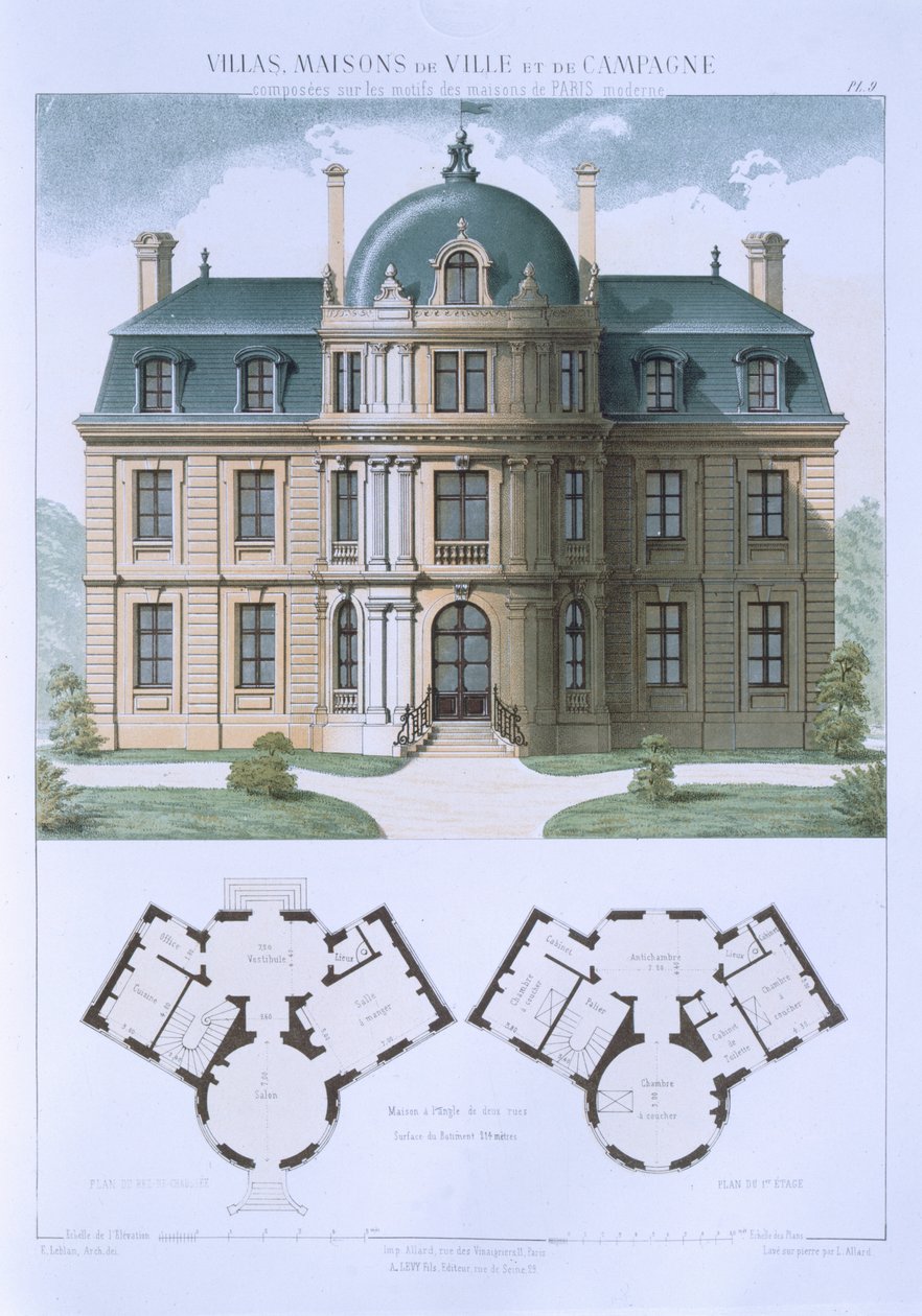 Design från "stads- och lanthus baserade på de moderna husen i Paris", c.1864 av Leblanc