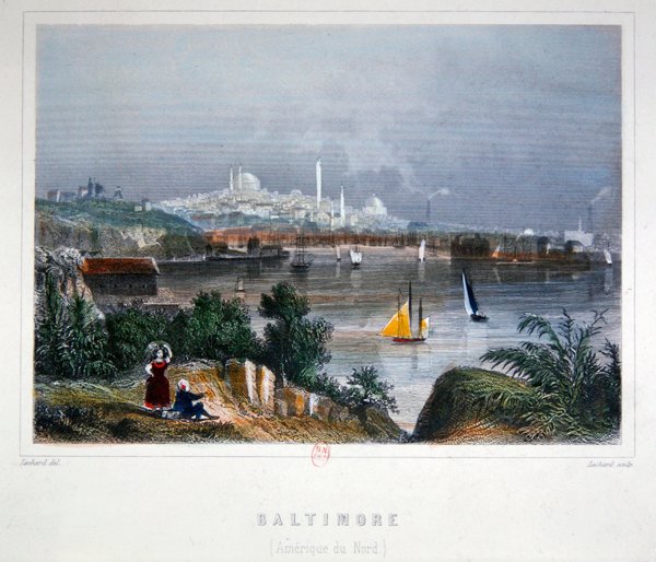 A View of Baltimore (färgad stålgravyr) av Lechard Lechard