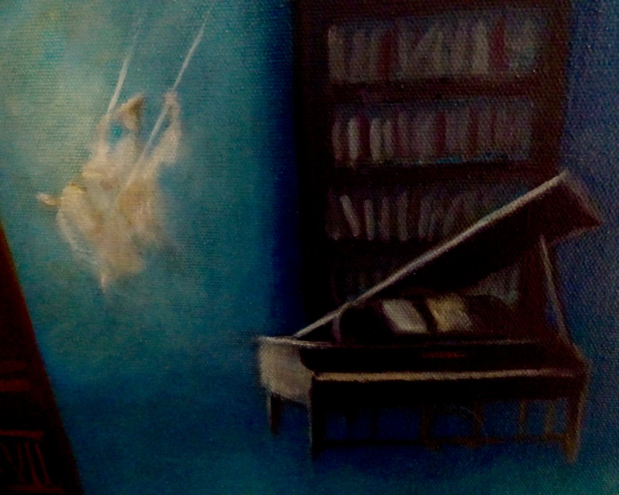 Detalj av Enchanted Library, 2024 (olja på duk) av Lee Campbell