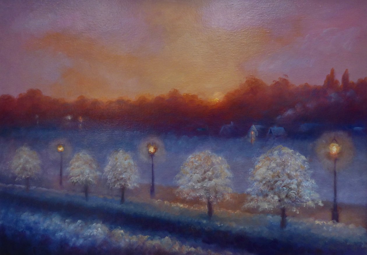 Frosty Riverside, Eel Pie Island, Thames River, 2023 (olja på duk) av Lee Campbell