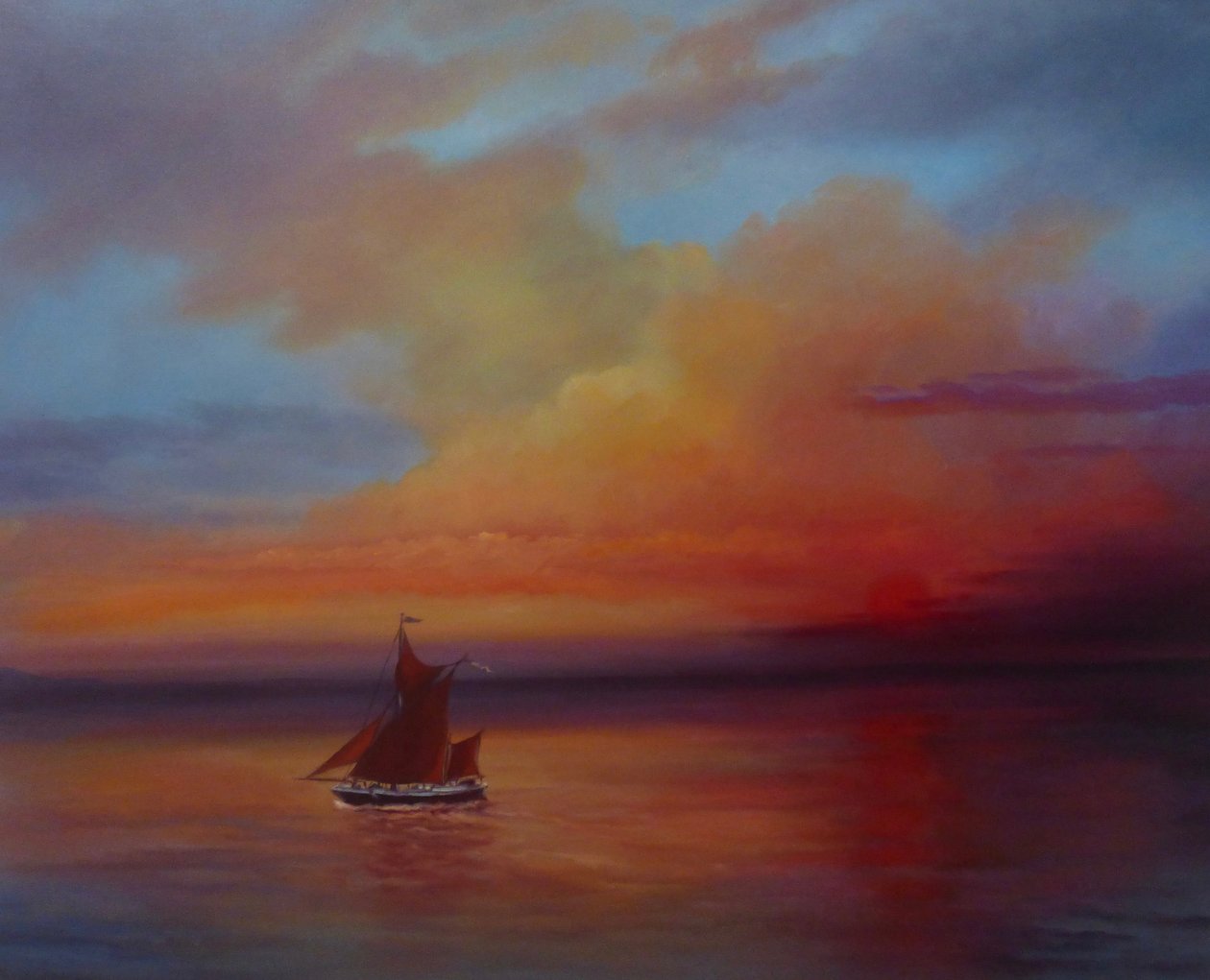 Red Sails - Thames Barge at fullt segel, 2022 (olja på duk) av Lee Campbell