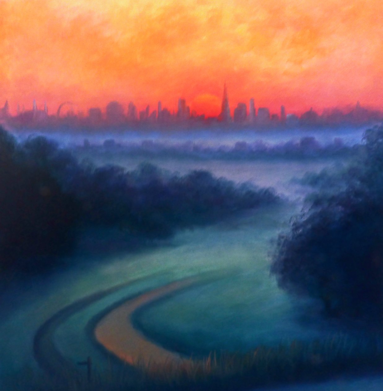 Summer Dawn Richmond Park; 2023 (olja på duk) av Lee Campbell
