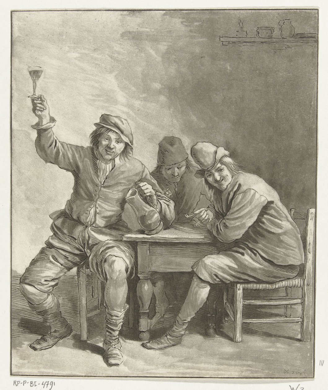 Tre män som röker och dricker vid bordet av Leendert Brasser (signed by artist)