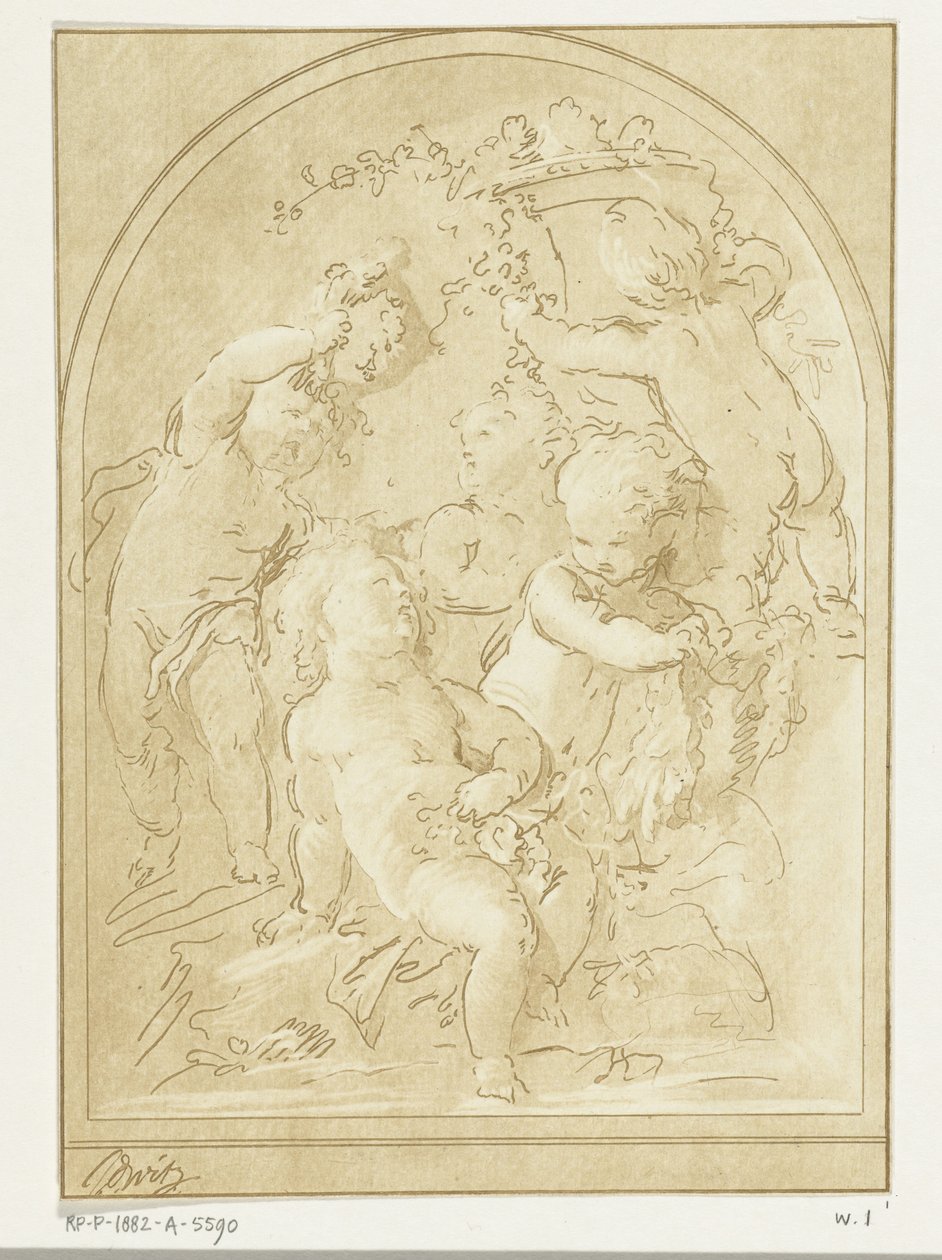 Fem putti med blommor och girlanger vid vas av Leendert Brasser