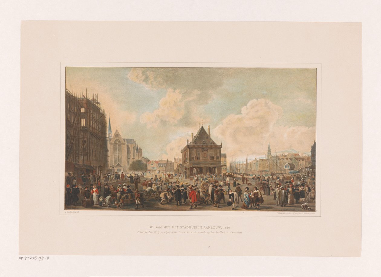 Dam i Amsterdam med palatset under uppbyggnad Damtorget med stadshuset under uppbyggnad, 1656 (titel på objektet) av Leendert Izaac Frederikus Grondijs