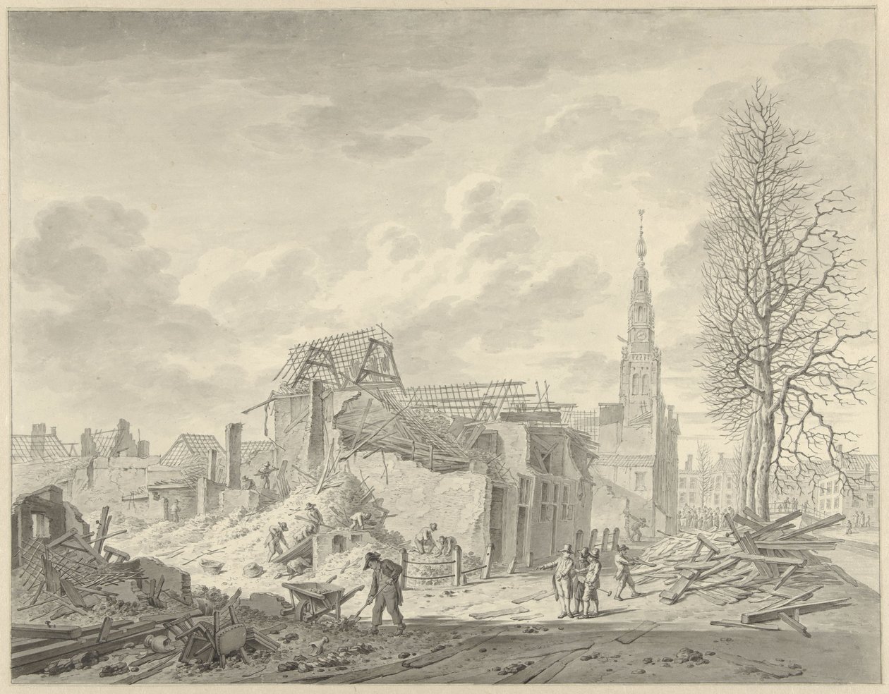 Utsikt över Rapenburg i Leiden efter krutkatastrofen den 12 januari 1807 av Leendert Overbeek